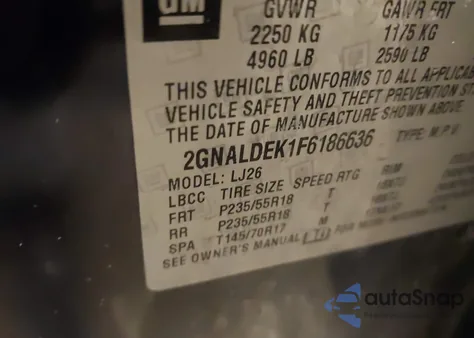 2015 Chevrolet Equinox Ltz из США, поврежденный, VIN 2GNALDEK1F6186636